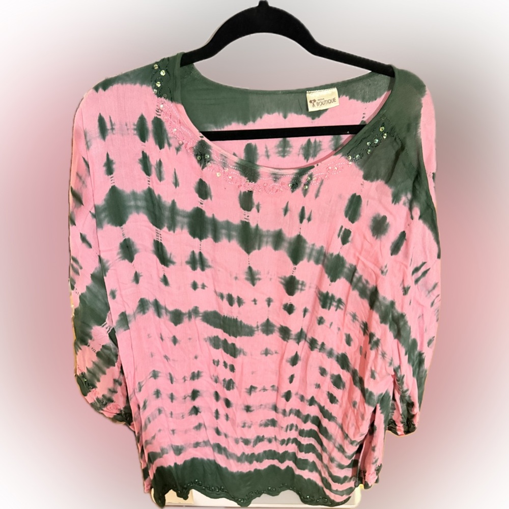 Pink and Green Tie-Dye Women's Top